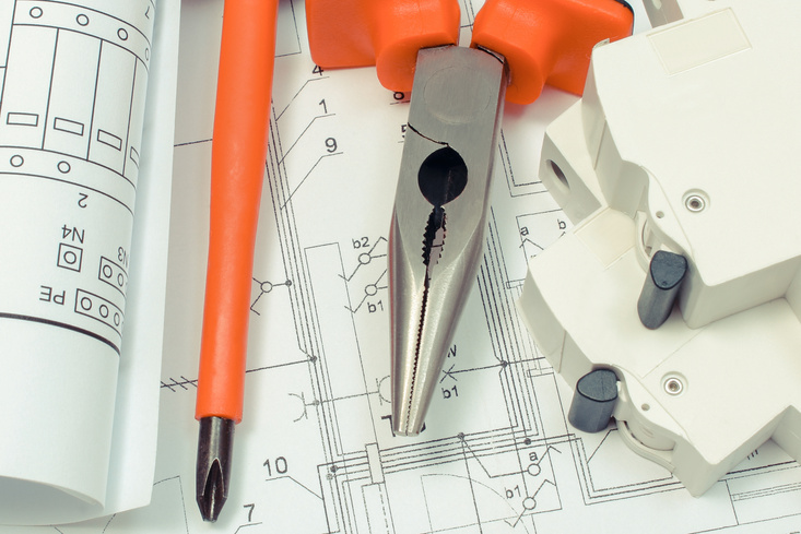 Electrical diagrams, electric fuse and work tools. Drawings for projects engineer jobs