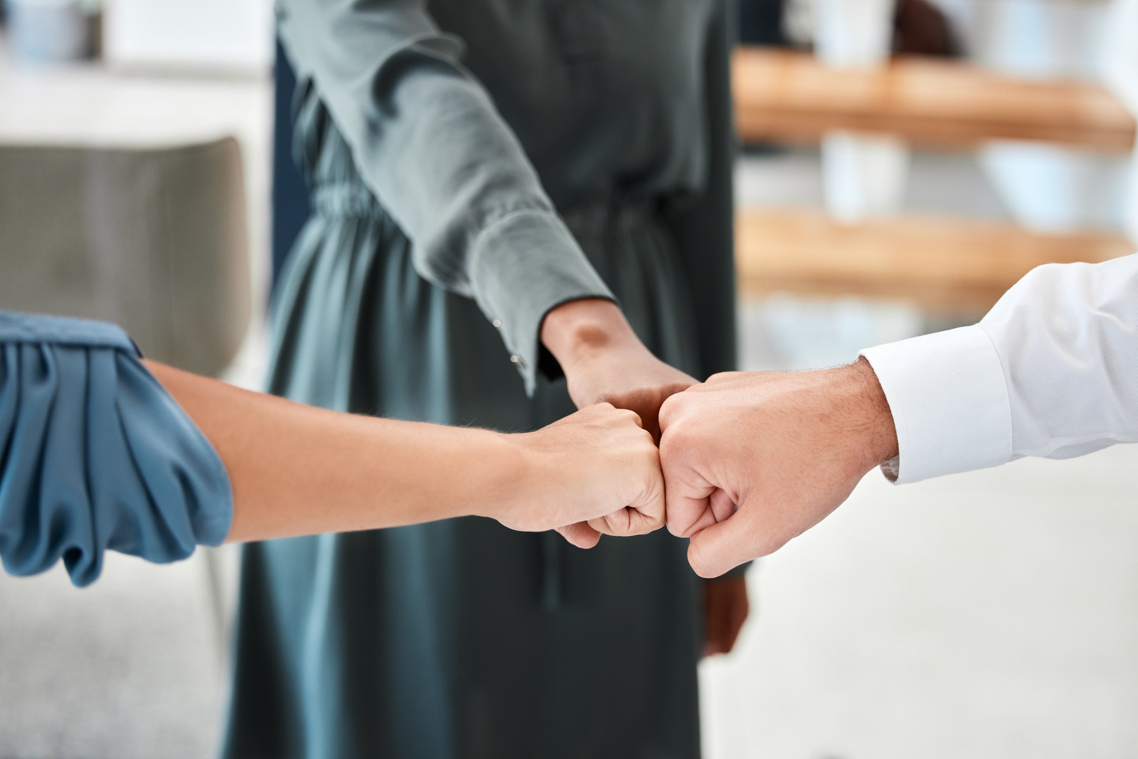 Teamwork Group, Motivation and Collaboration Fist Bump for Trust, Goal and Success Support. Closeup Workers Hands, Team Building and Growth Commitment Mission, Winner Vision and Solidarity Together